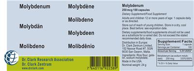 Photo of the Dr. Clark Research Association Dr. Clark Zentrum Molybdenum 250 mcg label