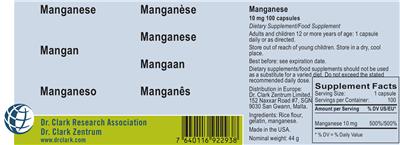 Photo of the Dr. Clark Research Association Dr. Clark Zentrum Manganese 10 mg label