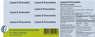 Photo of the Dr. Clark Research Association Dr. Clark Zentrum Lipase & Pancreatin 500 mg label