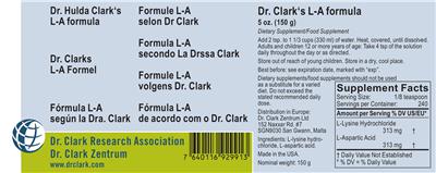 Photo of the Dr. Clark Research Association Dr. Clark Zentrum Dr. Hulda Clark's L-A Formula label