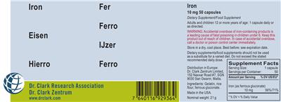 Photo of the Dr. Clark Research Association Dr. Clark Zentrum Iron 10 mg label