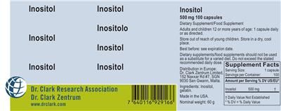 Photo of the Dr. Clark Research Association Dr. Clark Zentrum Inositol 500 mg label