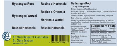 Photo of the Dr. Clark Research Association Dr. Clark Zentrum Hydrangea Root 335 mg label