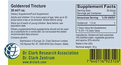 Photo of the Dr. Clark Research Association Dr. Clark Zentrum Goldenrod Tincture label