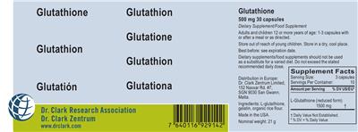 Photo of the Dr. Clark Research Association Dr. Clark Zentrum Glutathione 500 mg label