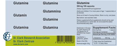 Photo of the Dr. Clark Research Association Dr. Clark Zentrum Glutamine 500 mg label