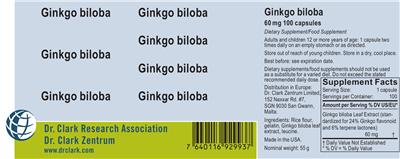 Photo of the Dr. Clark Research Association Dr. Clark Zentrum Ginkgo Biloba 60 mg label