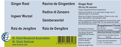 Photo of the Dr. Clark Research Association Dr. Clark Zentrum Ginger Root 500 mg label