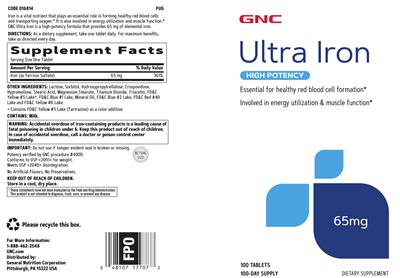 Photo of the GNC Ultra Iron 65 mg label