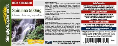 Photo of the Simply Supplements Spirulina 500 mg label