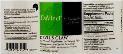 Photo of the DaVinci Laboratories Of Vermont Devil's Claw label