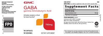 Photo of the GNC GABA Gamma-Aminobutyric Acid 750 mg label