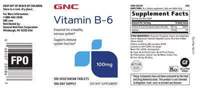 Photo of the GNC Vitamin B-6 100 mg label