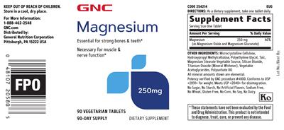 Photo of the GNC Magnesium 250 mg label