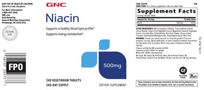 Photo of the GNC Niacin 500 mg label