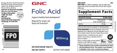 Photo of the GNC Folic Acid 800 mcg label
