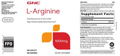 Photo of the GNC L-Arginine 1000 mg label