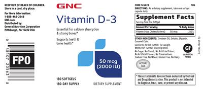 Photo of the GNC Vitamin D-3 50 mcg (2000 IU) label