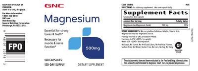 Photo of the GNC Magnesium 500 mg label