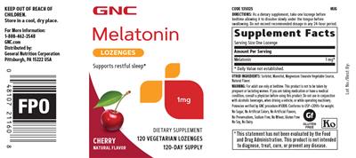 Photo of the GNC Melatonin Lozenges 1 mg Cherry label