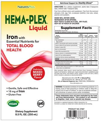 Photo of the Natures Plus Hema-Plex Liquid Delicious Mixed Berry Flavor label