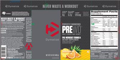 Photo of the Dymatize PreWO Pineapple Orange Crush label