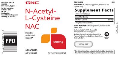 Photo of the GNC N-Acetyl-L-Cysteine NAC 600 mg label