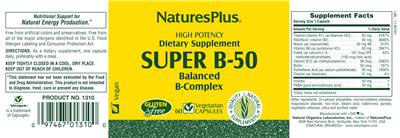 Photo of the Natures Plus Super B-50 Balanced B-Complex label