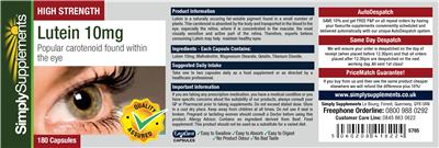 Photo of the SimplySupplements Lutein 10 mg label
