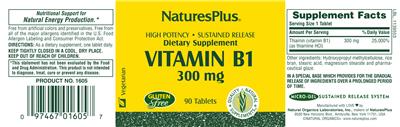 Photo of the Natures Plus Vitamin B1 300 mg label
