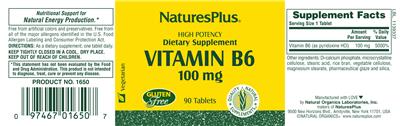 Photo of the Natures Plus Vitamin B6 100 mg label