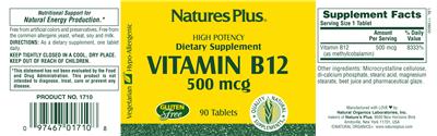 Photo of the Natures Plus Vitamin B12 500 mcg label