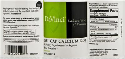 Photo of the DaVinci Laboratories Of Vermont Gel Cap Calcium 1200 label