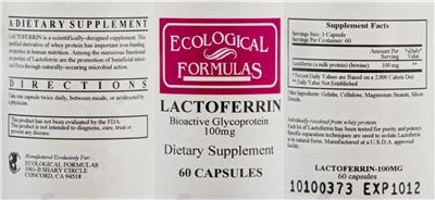 Photo of the Ecological Formulas Lactoferrin Bioactive Glycoprotein 100 mg label