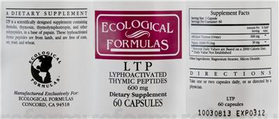 Photo of the Ecological Formulas LTP Lyphoactivated Thymic Peptides 600 mg label