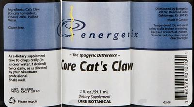 Photo of the Energetix Core Cat's Claw label