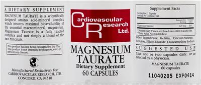Photo of the Cardiovascular Research Magnesium Taurate label