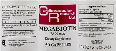 Photo of the Cardiovascular Research Megabiotin 7,500 mcg label