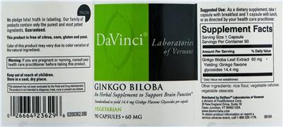 Photo of the DaVinci Laboratories Of Vermont Ginkgo Biloba label