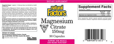 Photo of the Natural Factors Magnesium Citrate 150 mg label