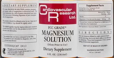 Photo of the Cardiovascular Research FCC Grade* Magnesium Solution label
