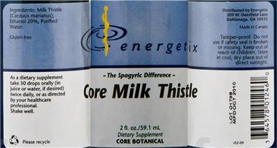 Photo of the Energetix Core Milk Thistle label