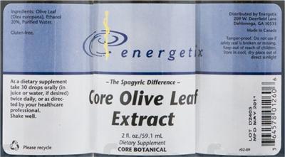 Photo of the Energetix Core Olive Leaf Extract label