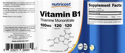 Photo of the Nutricost Vitamin B1 100 mg label