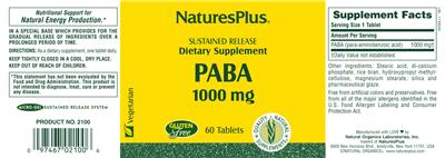 Photo of the Natures Plus PABA 1000 mg label