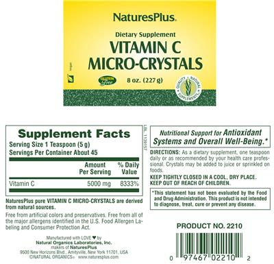 Photo of the Natures Plus Vitamin C Micro-Crystals label