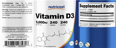 Photo of the Nutricost Vitamin D3 5,000 IU label