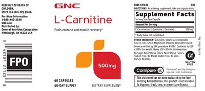 Photo of the GNC L-Carnitine 500 mg label