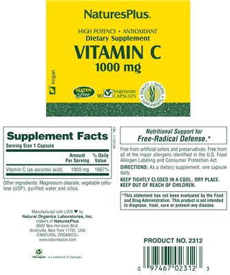 Photo of the Natures Plus Vitamin C 1000 mg label