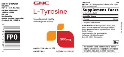 Photo of the GNC L-Tyrosine 500 mg label